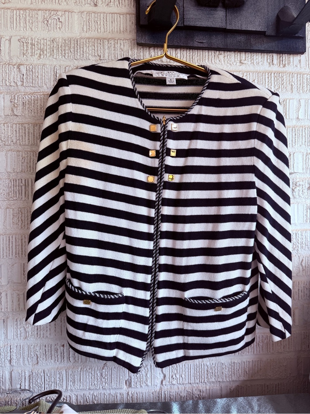 St. John Black and White Striped Knit Jacket with Gold Accents